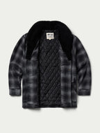 Black wool coat with shearling collar, flat view showing quilted inner lining