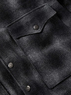 Black wool coat, close-up of pocket flap and metal buttons