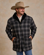Black wool coat with shearling collar and two front flap pockets, button front