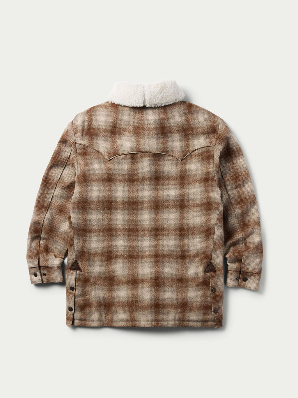 Taupe wool coat with white shearling collar, plaid texture, buttoned front and pockets