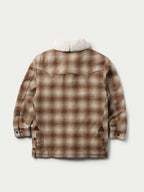 Taupe wool coat with white shearling collar, plaid texture, buttoned front and pockets