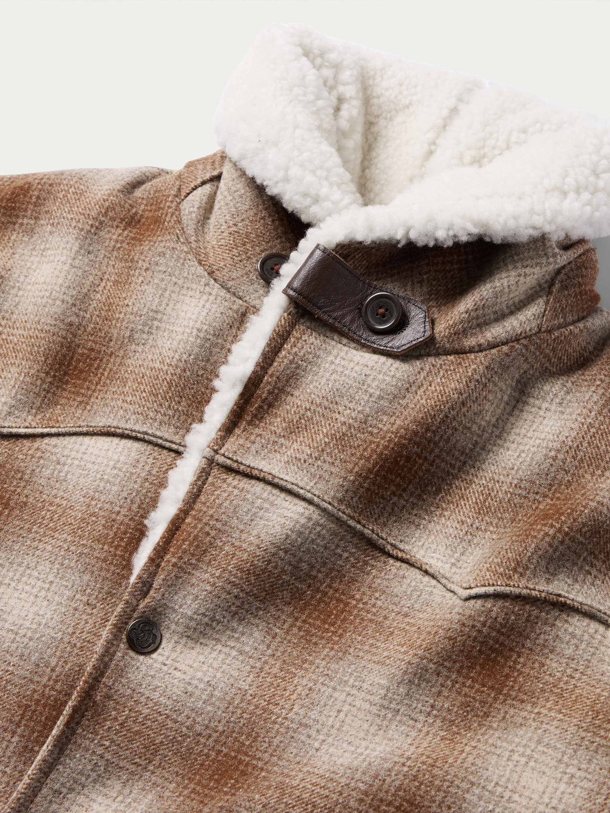 Taupe wool coat close-up of shearling collar and button front with flap detail
