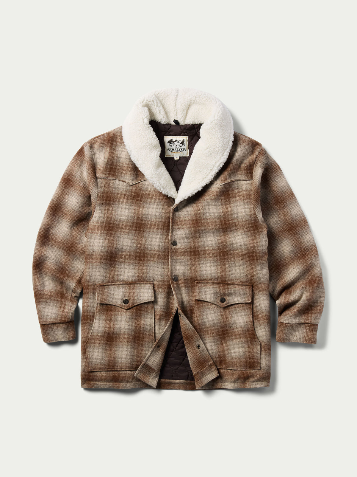 Taupe wool coat with plaid pattern and white shearling collar, front view