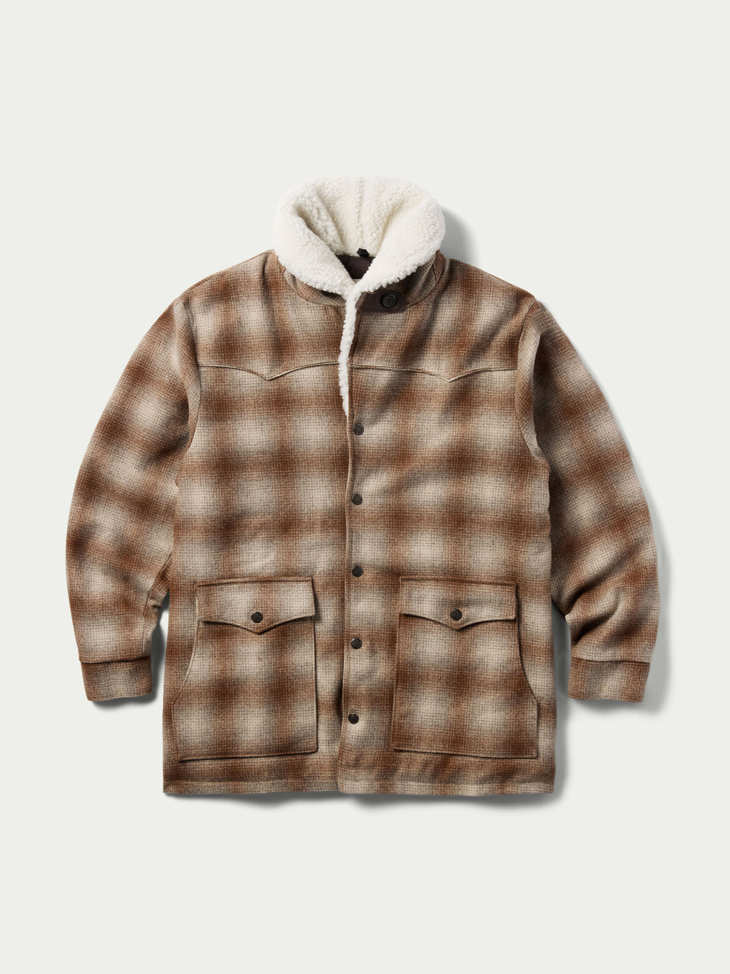 Taupe wool coat with plaid pattern and buttoned front, white shearling collar