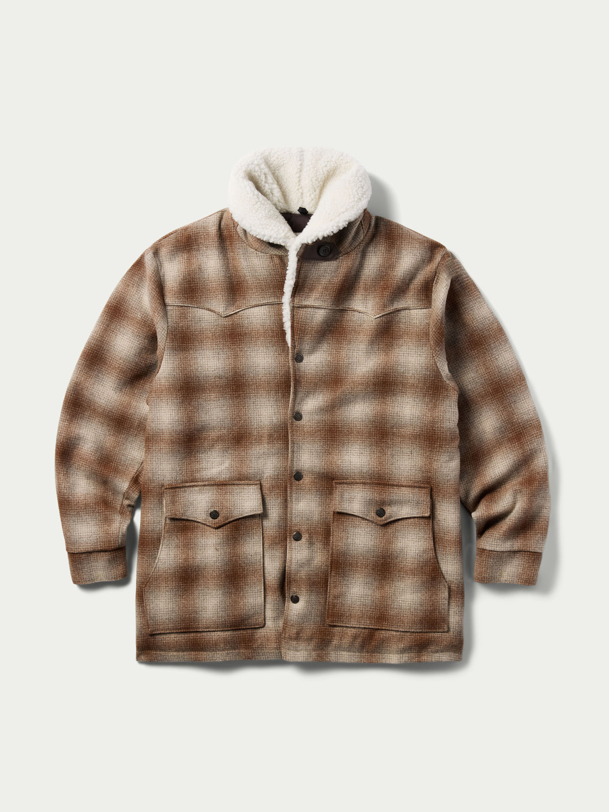 Taupe wool coat with plaid pattern and buttoned front, white shearling collar