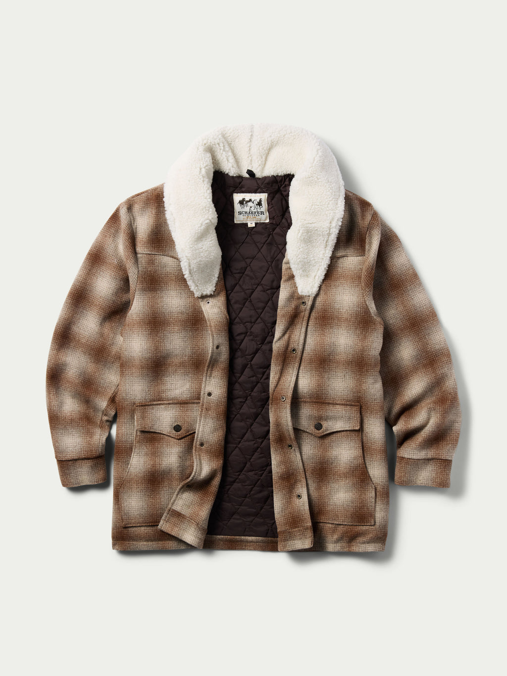Taupe wool coat front view showing inner lining and white shearling collar
