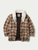 Taupe wool coat front view showing inner lining and white shearling collar