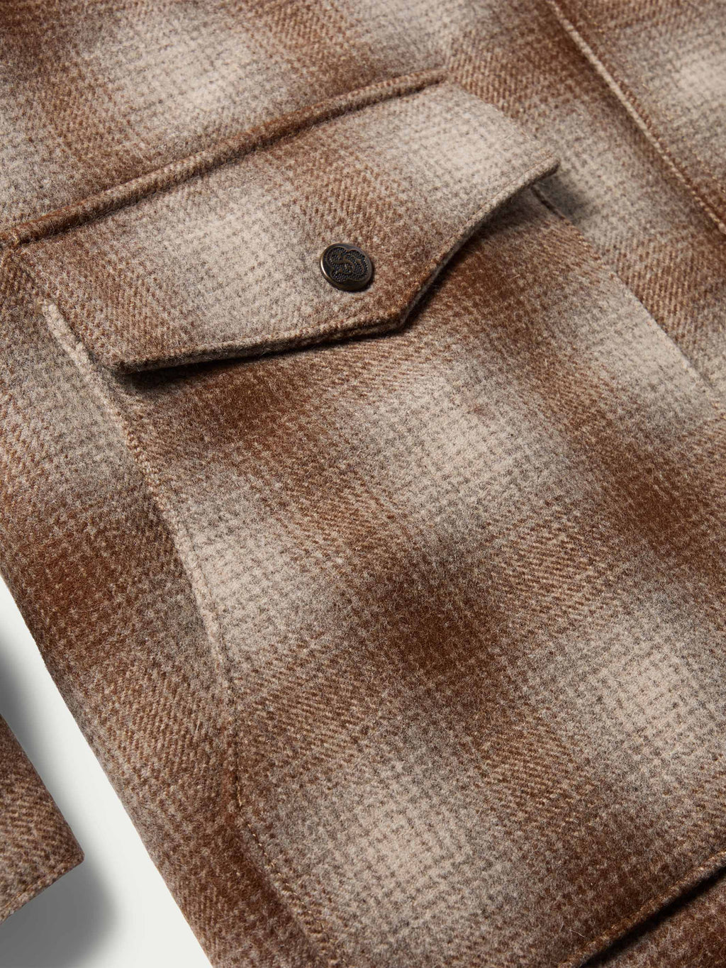 Taupe wool coat sleeve hem close-up with dark button placket and stitching
