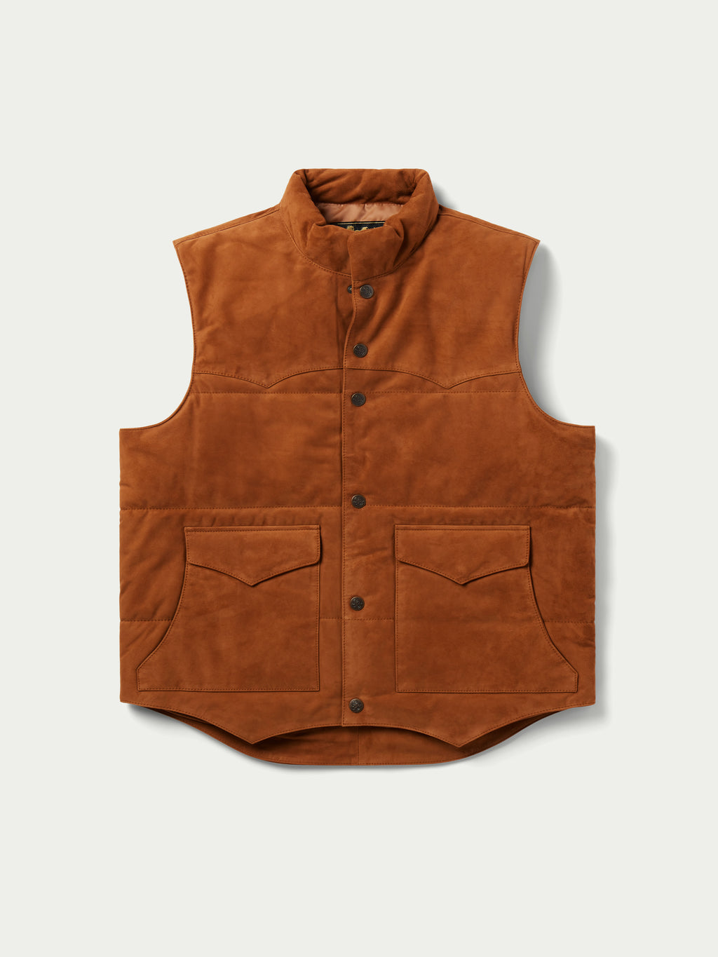 Honey-brown suede sleeveless vest with button front and two chest flap pockets