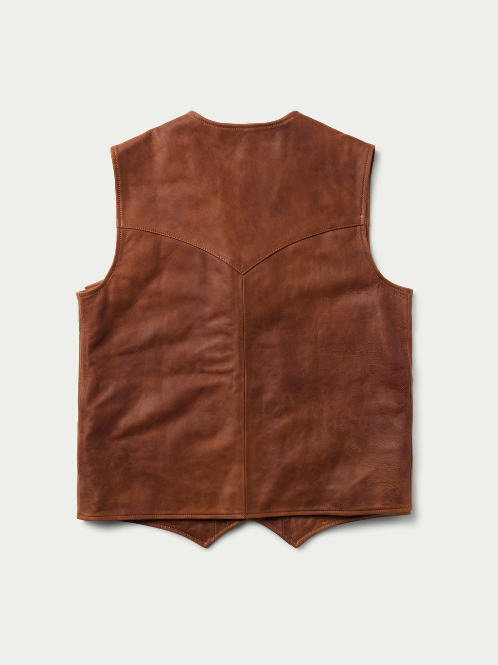 Brown leather vest back view with pointed yoke seam and clean hem