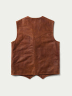 Brown leather vest back view with pointed yoke seam and clean hem
