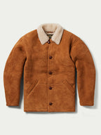 Buckskin shearling coat with cream sherpa-style collar and four-button front