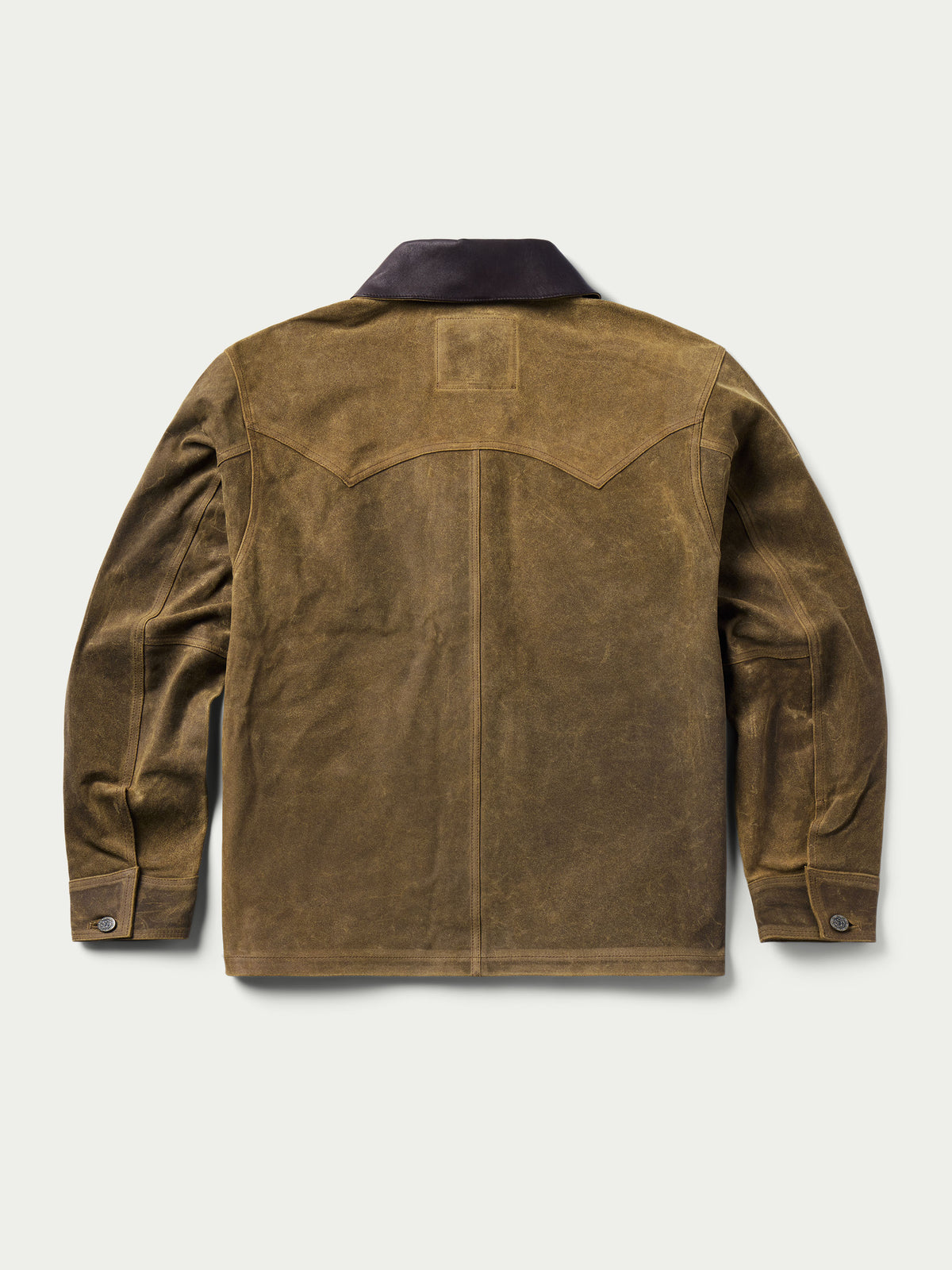 Tan leather brush jacket, dark stand collar, snap front, back view with seaming.