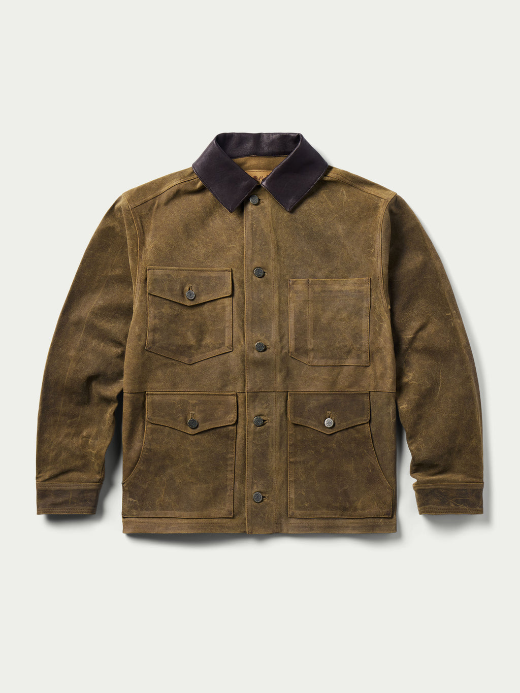 Tan leather brush jacket, dark collar, four front pockets with flap and snap closures.