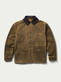 Tan leather brush jacket, dark collar, four front pockets with flap and snap closures.