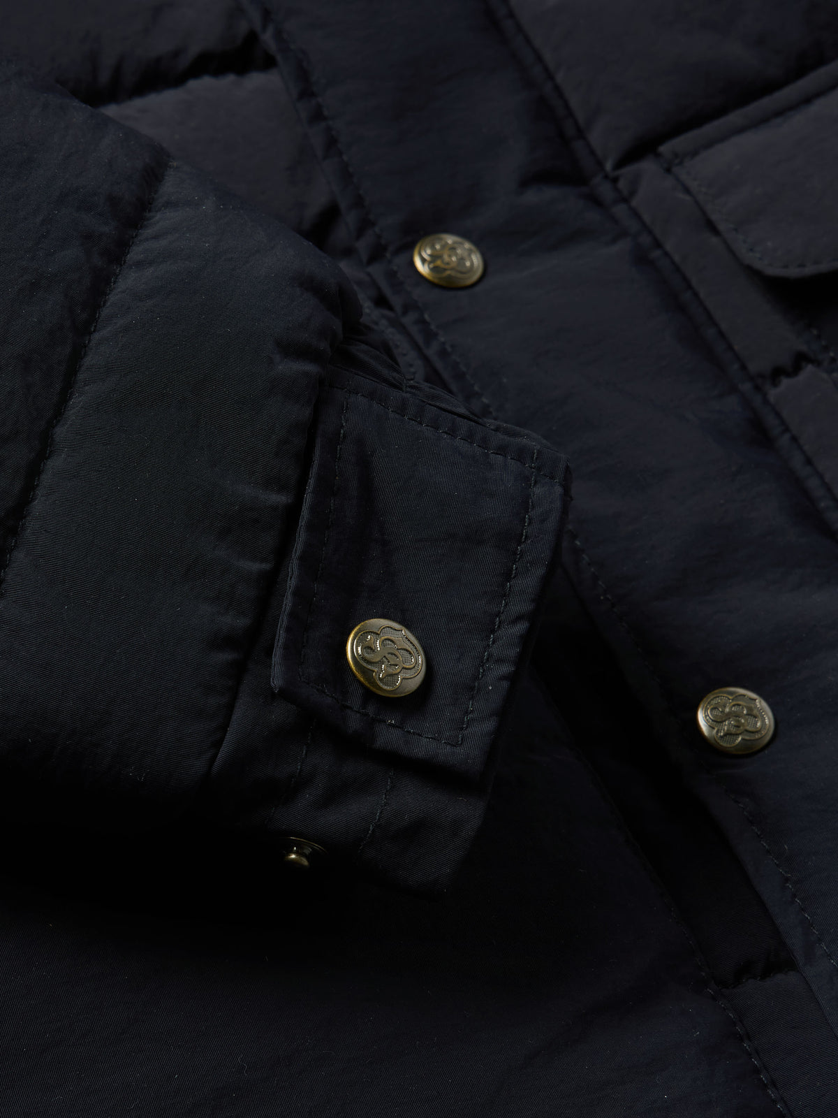 Close-up of navy jacket front with buttoned flap pockets and snap placket