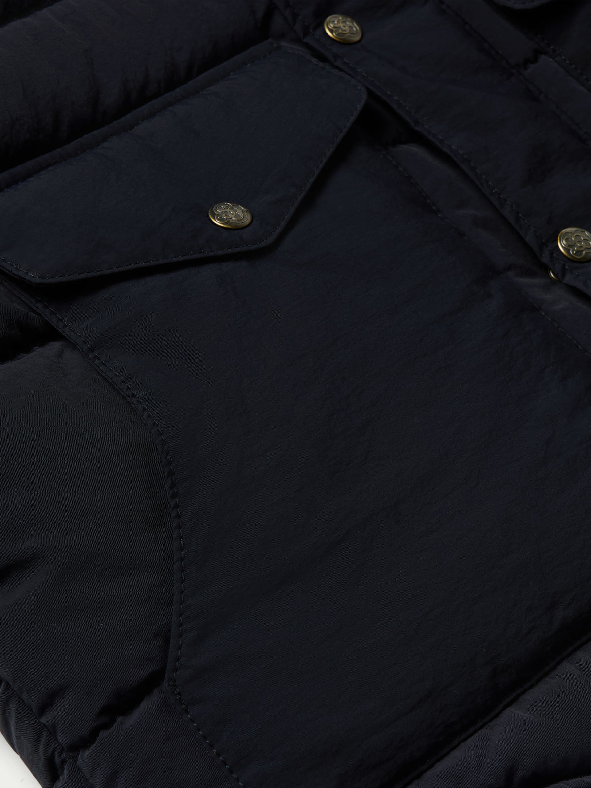 Close-up of navy puffer jacket placket with snap buttons and stitched seam