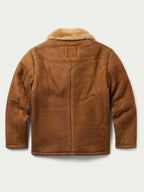Brown shearling coat, stand collar and snap front; back view with stitched panel.