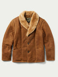 Brown suede shearling coat with plush collar and button front; front view.