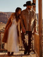 Desert tan suede shirt jacket with flap chest pockets and button front