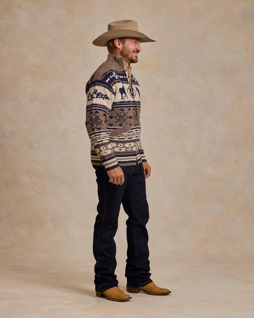 Full zip knit sweater, cream with navy and tan western pattern