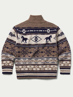 Brown knit full-zip sweater with navy and cream Nordic pattern and mock collar.