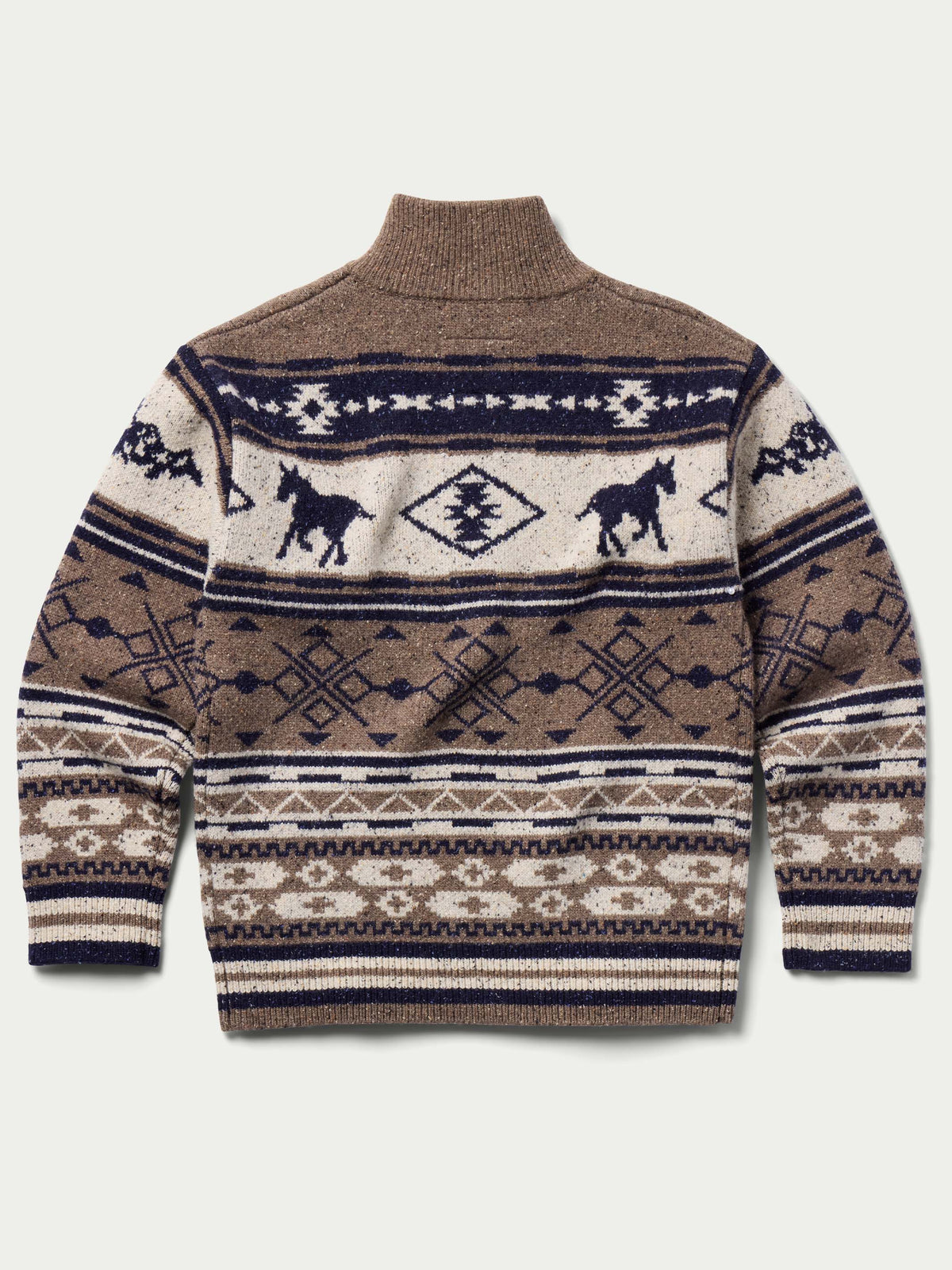 Brown knit full-zip sweater with navy and cream Nordic pattern and mock collar.