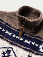 Brown ribbed mock neck and zip placket detail with tan zipper pull.