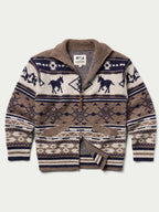 Brown full-zip sweater with navy-and-cream horse and diamond Fair Isle pattern.