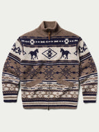 Brown full-zip knit sweater with navy and cream Fair Isle motif across chest and hem.