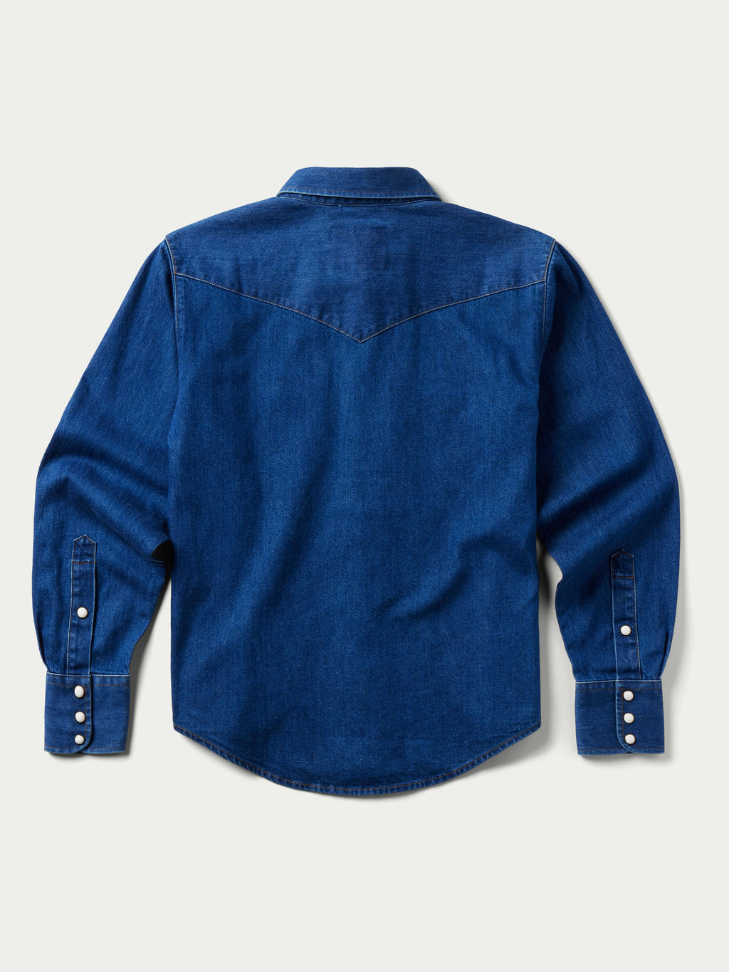 Women’s indigo denim western shirt with pearl snaps, long sleeves, yoke seam
