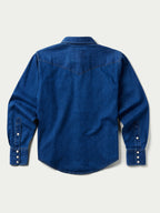 Women’s indigo denim western shirt with pearl snaps, long sleeves, yoke seam
