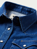 Indigo denim western shirt collar with pearl snap placket and contrast stitching