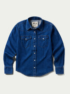 Women’s indigo denim western shirt, pearl snap front, two chest pockets, long sleeves