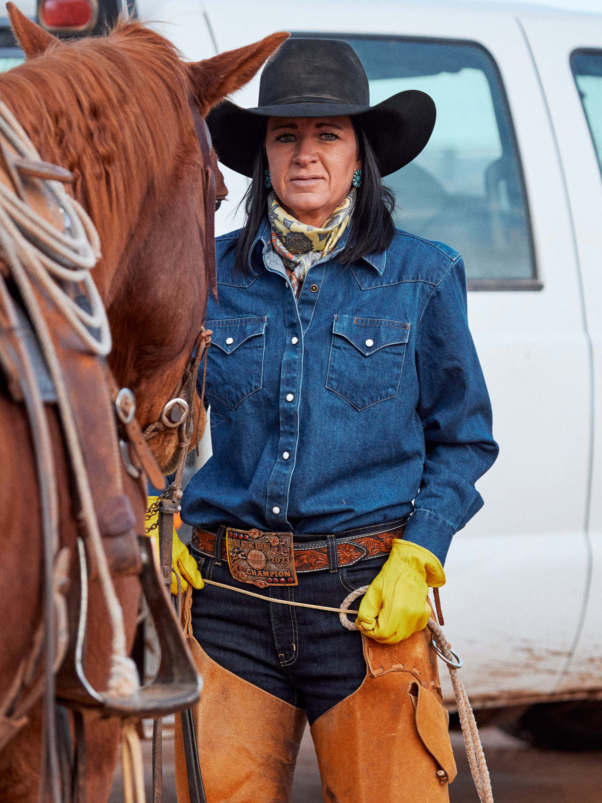 Indigo denim western shirt with pearl snap front and chest pockets