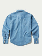 Light wash women's denim pearl snap western shirt, back view, long sleeves