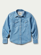 Light wash women's denim pearl snap western shirt, front view, long sleeves