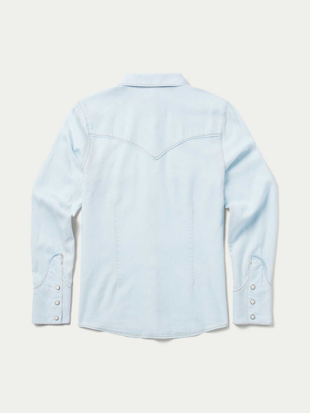 Light wash denim snap western shirt, back view with yoke and two flap pockets