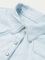 Light wash denim snap western shirt collar with snap placket and topstitched seams