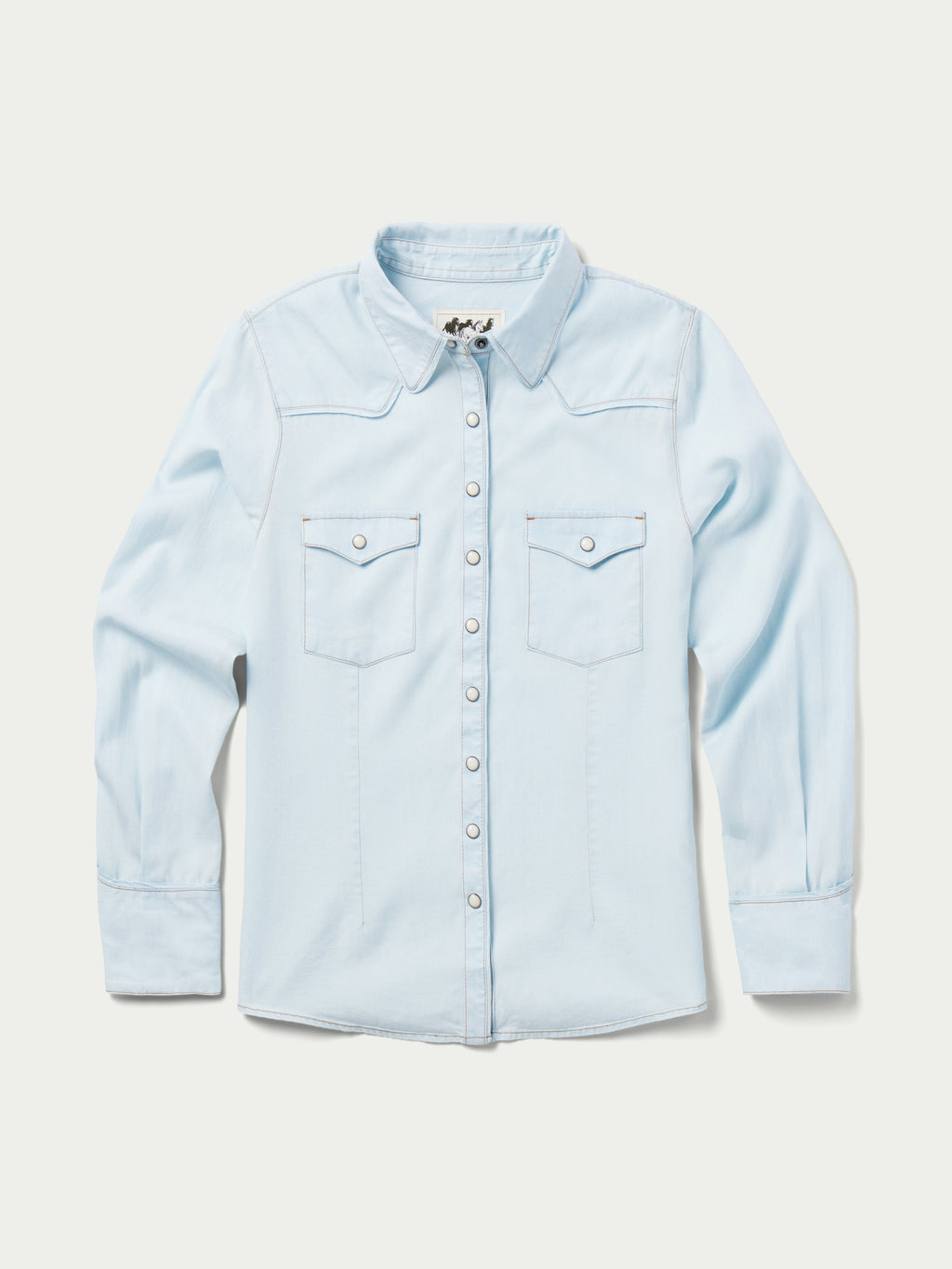 Light wash denim snap western shirt with two chest pockets and snap front buttoning