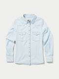 Light wash denim snap western shirt with two chest pockets and snap front buttoning