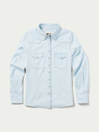 Light wash denim snap western shirt with two chest pockets and snap front buttoning