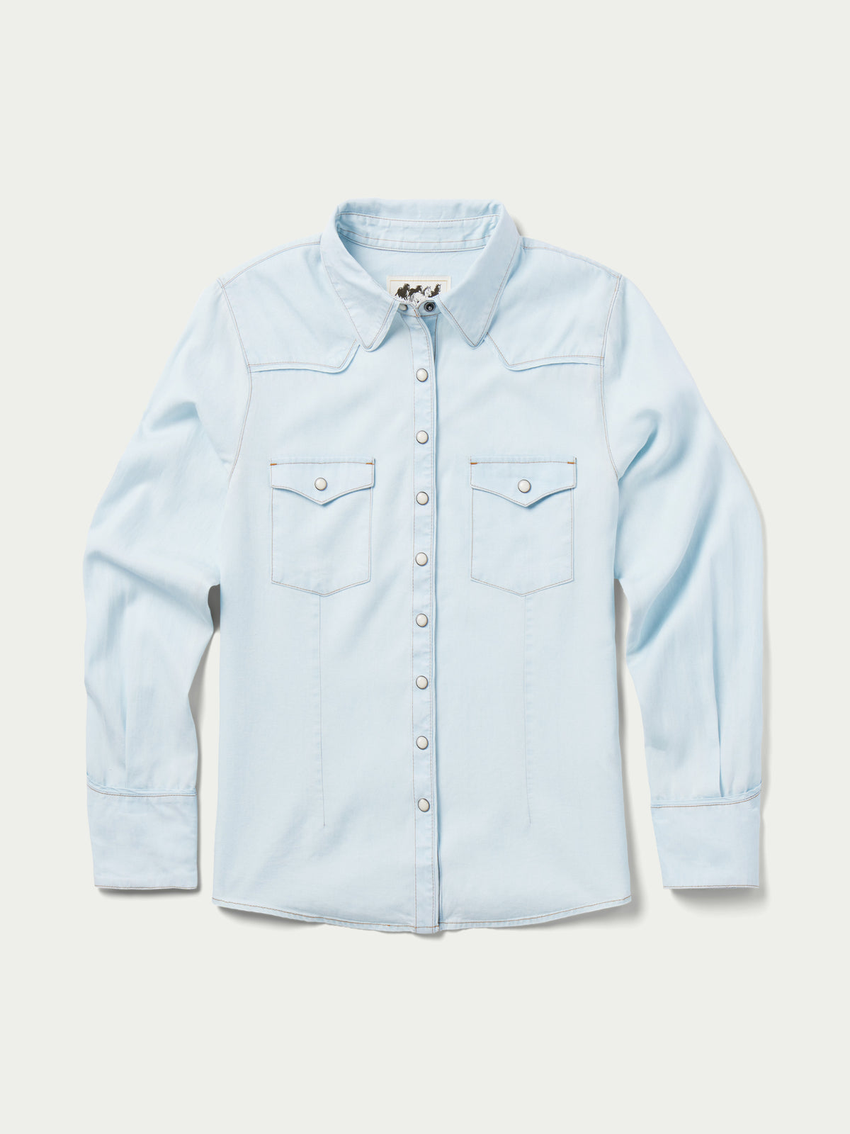 Light wash denim snap western shirt with two chest pockets and snap front buttoning