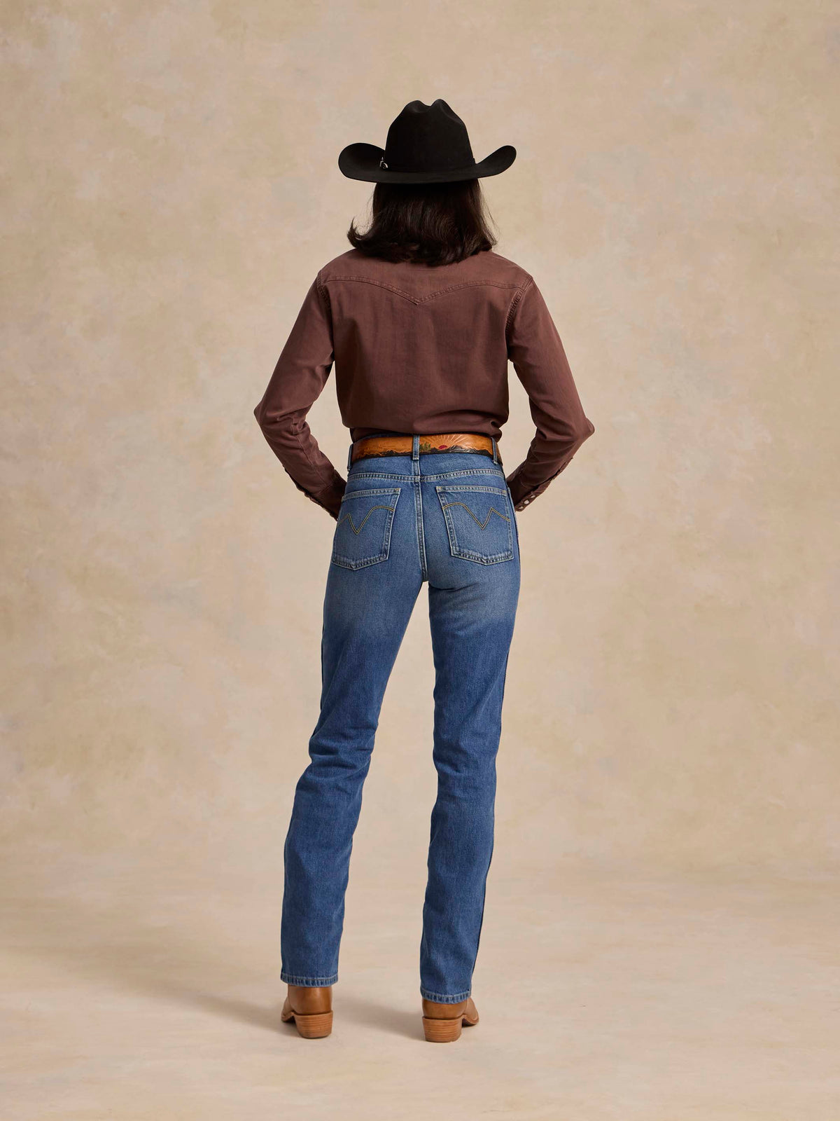 Faded maroon women's western denim snap shirt, back yoke, snap buttons