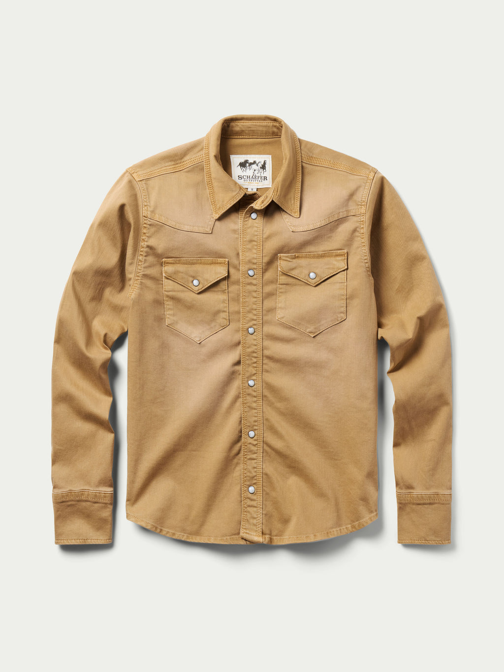 Women’s western denim snap shirt in faded chestnut, front view with snap pockets