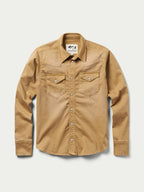 Women’s western denim snap shirt in faded chestnut, front view with snap pockets