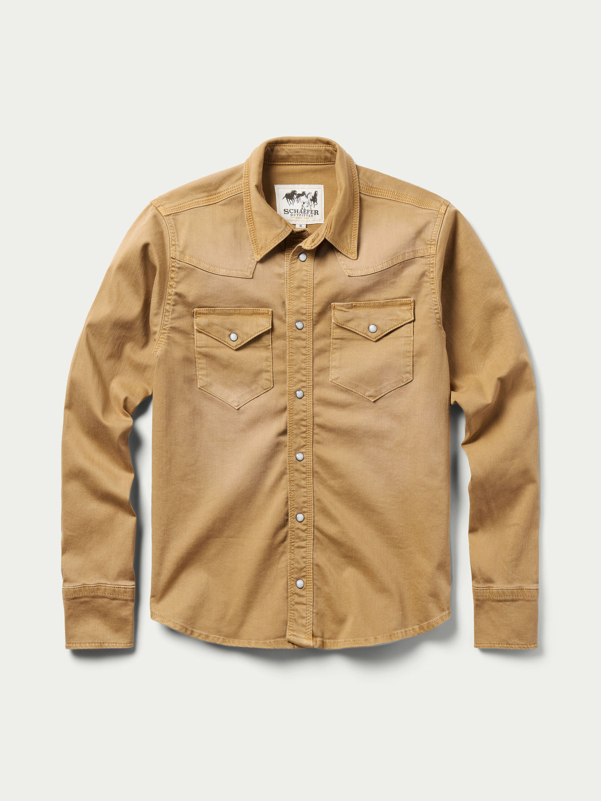 Women’s western denim snap shirt in faded chestnut, front view with snap pockets