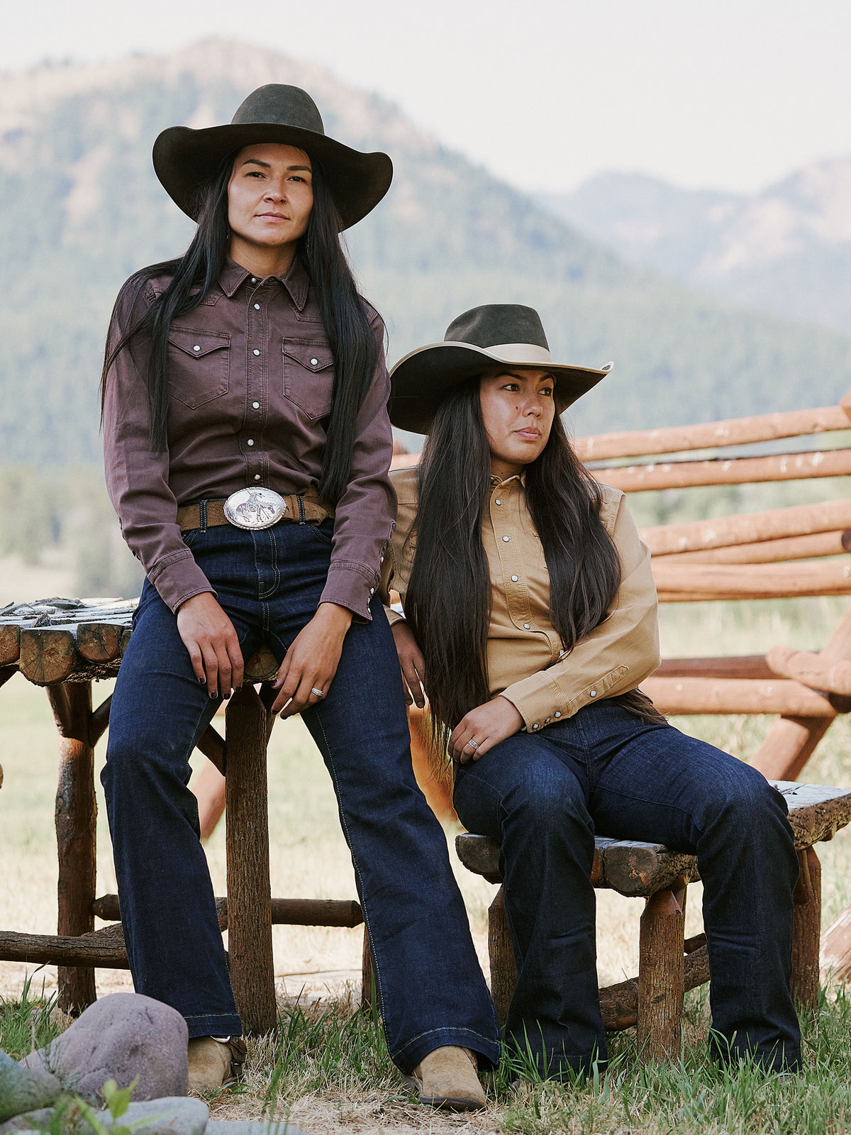 Women wearing faded chestnut snap shirt with pointed yoke and front metal snaps