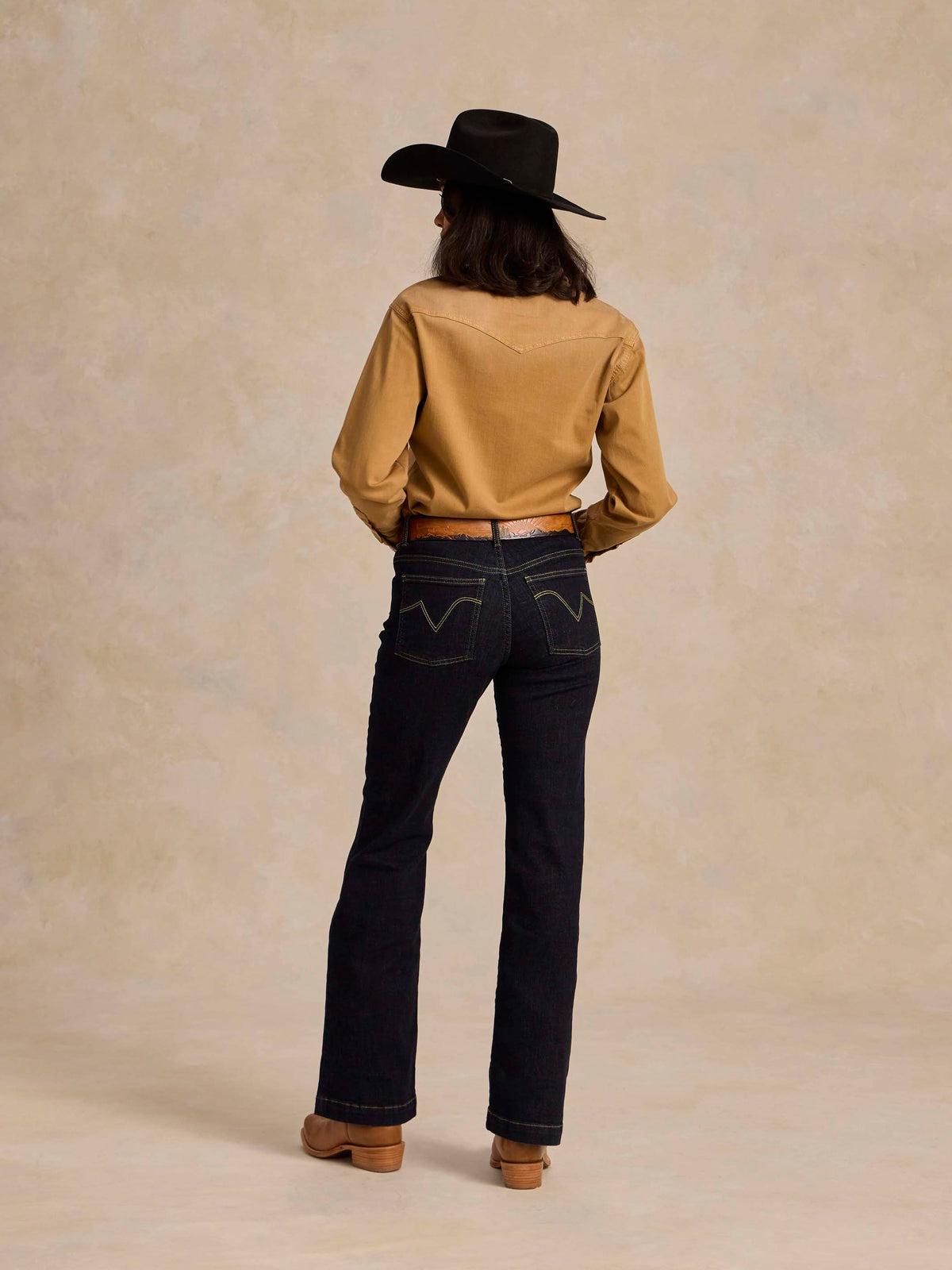 Women's western denim snap shirt, faded chestnut, long sleeves, back view
