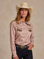Light pink embroidered snap shirt with floral yoke and long sleeves